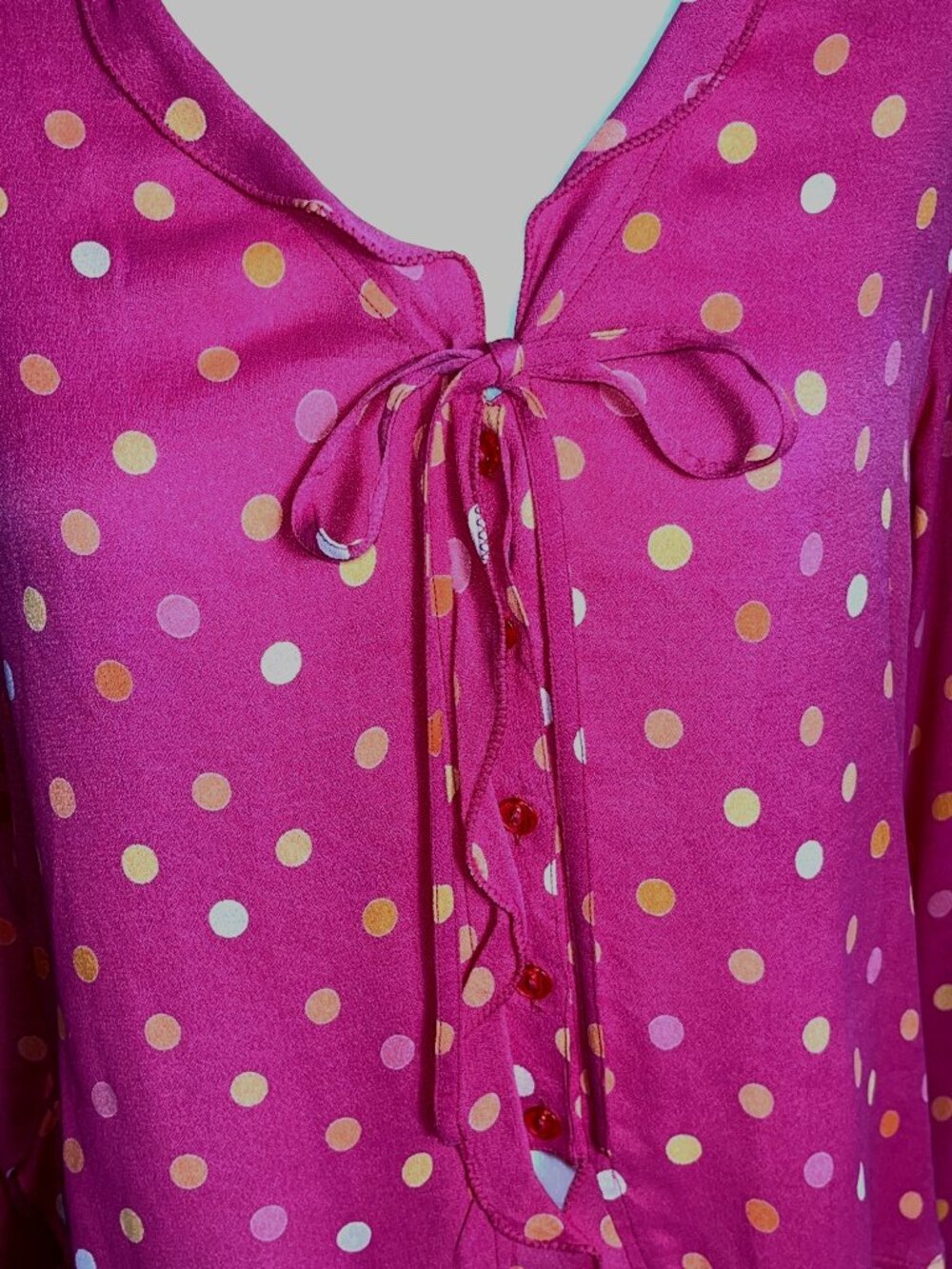 Vtg Rare April Cornell Top Pink Polka Dot Button Ties Twee Flutter Ruffles Wm XS - Picture 10 of 10